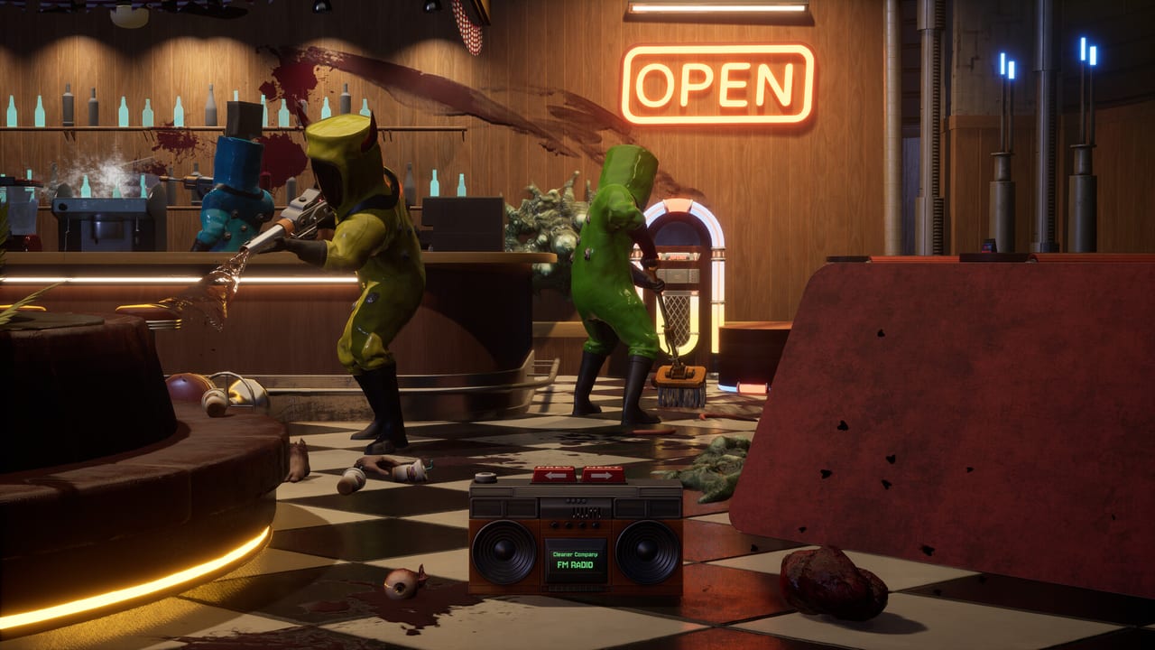 Cleaner Company gameplay: Star Wiper scrubbing stains inside a ruined space station with cleaning tools